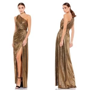 Mac Duggal Antique Gold Grecian Metallic Draped One Shoulder Gown